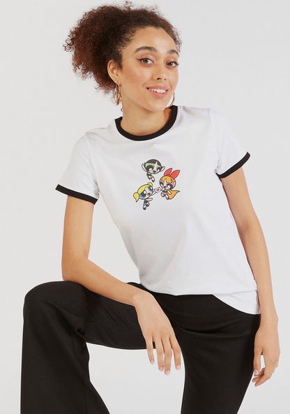 Powerpuff Girls Print Crew Neck T-shirt with Short Sleeves-T Shirts-image-0