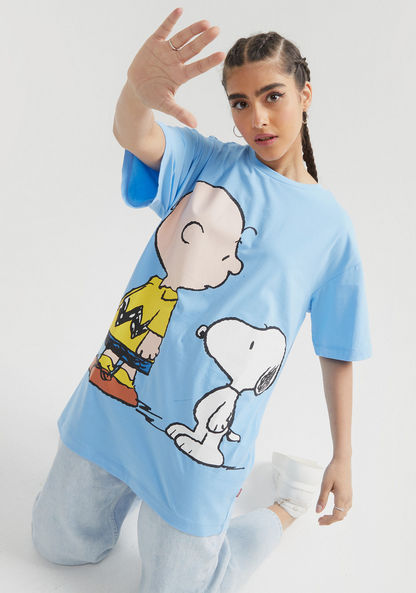 Snoopy Dog Print Crew Neck T-shirt with Short Sleeves-T Shirts-image-0