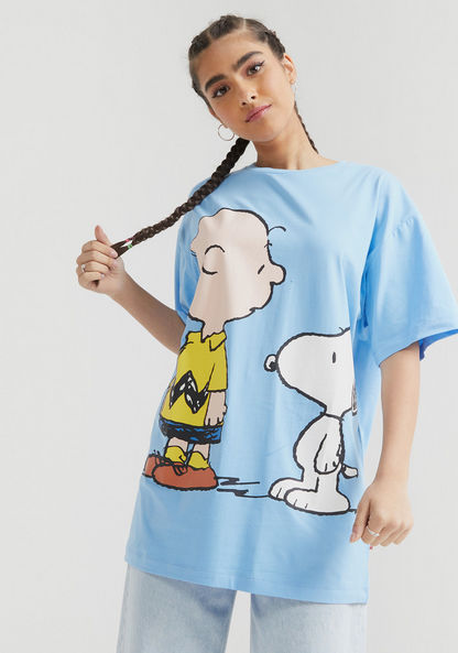 Snoopy Dog Print Crew Neck T-shirt with Short Sleeves-T Shirts-image-2