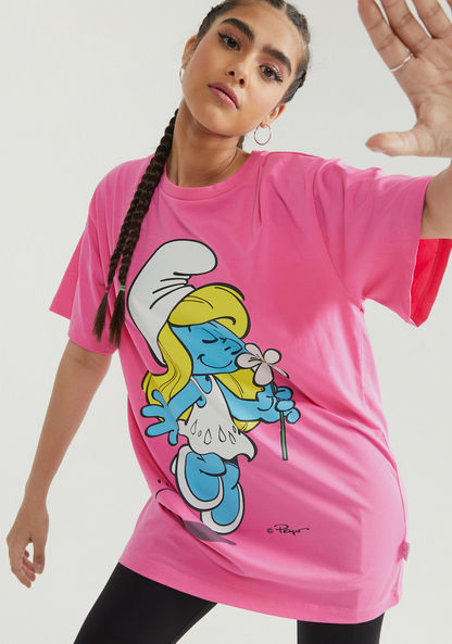 Smurf Print Longline T-shirt with Short Sleeves and Crew Neck-T Shirts-image-0