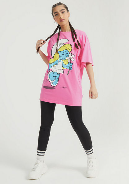 Smurf Print Longline T-shirt with Short Sleeves and Crew Neck-T Shirts-image-1