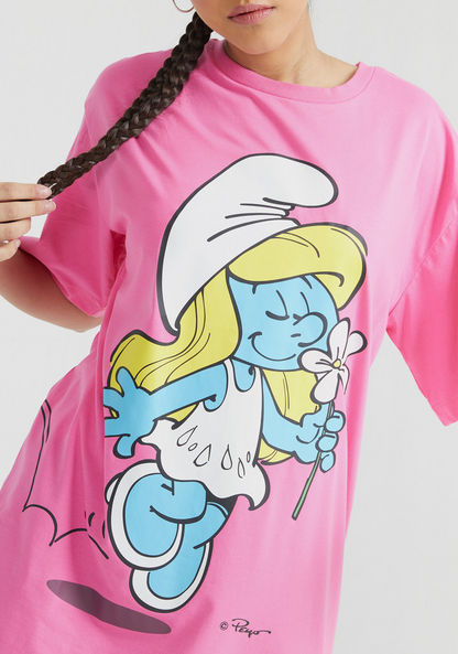 Smurf Print Longline T-shirt with Short Sleeves and Crew Neck-T Shirts-image-2