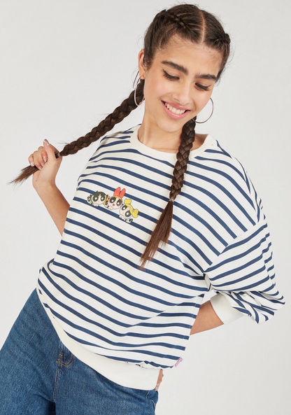 Powerpuff Girls Print Striped Sweatshirt with Round Neck and Long Sleeves-Sweatshirts-image-1