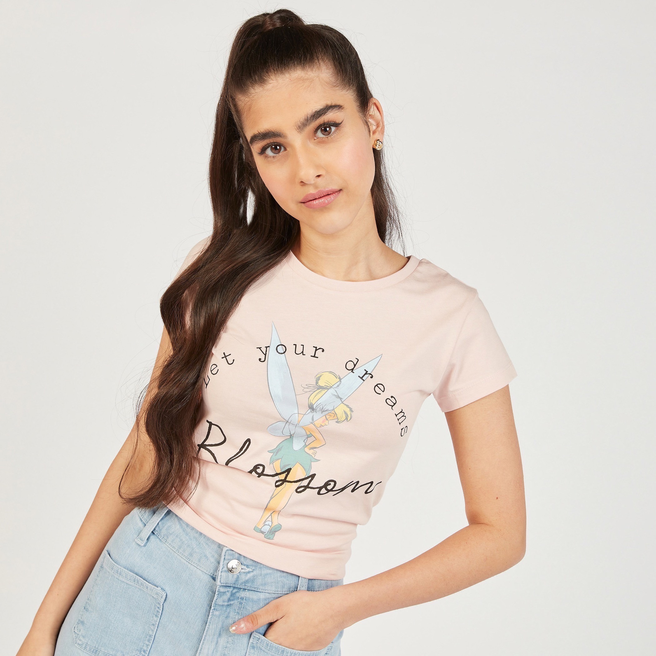 Tinker Bell Print Round Neck T-shirt with Short Sleeves-women-clothing-tshirts-image-1