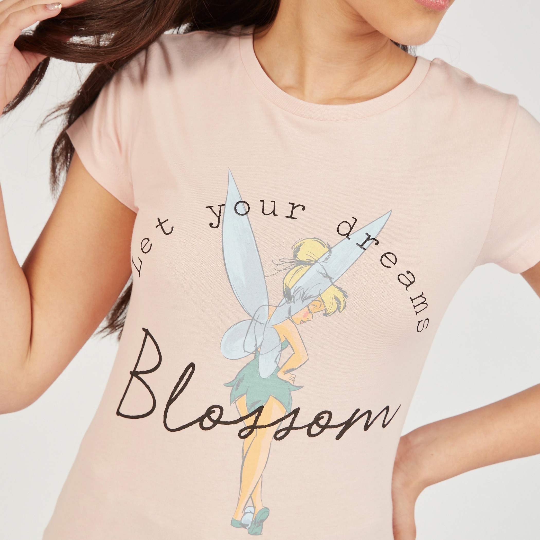 Tinker Bell Print Round Neck T-shirt with Short Sleeves-women-clothing-tshirts-image-3