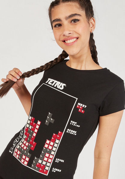 Tetris Print Crew Neck T-shirt with Cap Sleeves-T Shirts-image-1