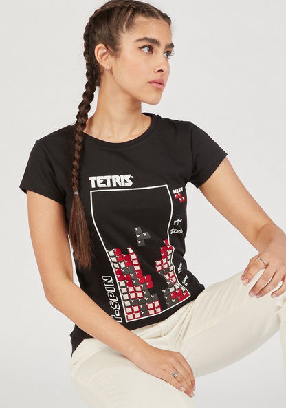 Tetris Print Crew Neck T-shirt with Cap Sleeves-T Shirts-image-2