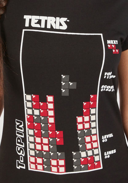 Tetris Print Crew Neck T-shirt with Cap Sleeves-T Shirts-image-4