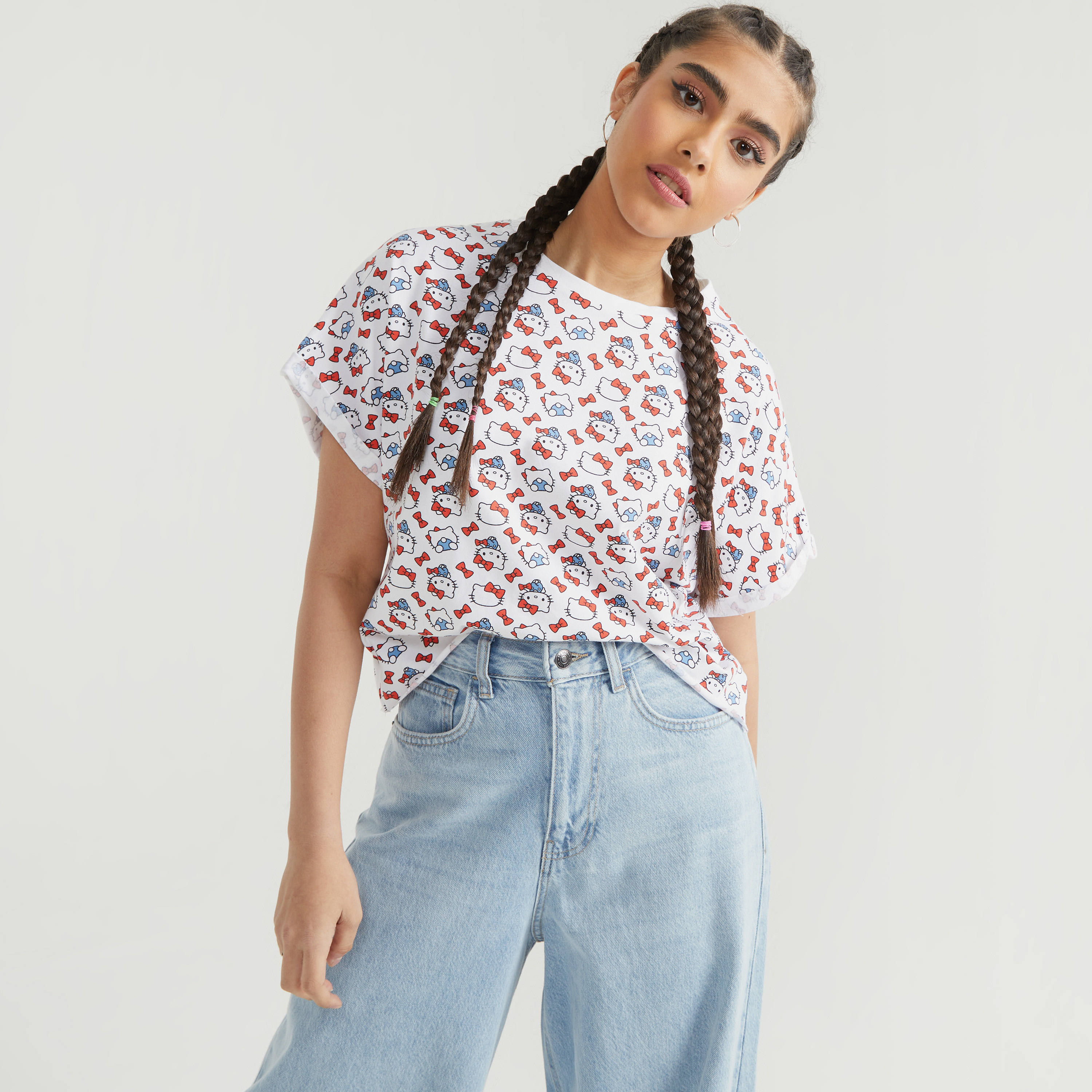 Hello Kitty Print Boxy Crop T-shirt with Crew Neck and Short Sleeves-women-clothing-tshirts-image-3