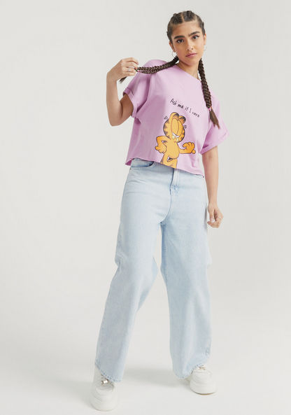Garfield Print Crew Neck Crop T-shirt with Short Sleeves-T Shirts-image-2