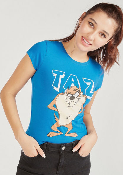 Taz Print Crew Neck T-shirt with Cap Sleeves-T Shirts-image-0