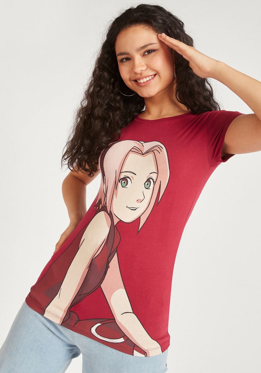 Sakura Haruno Print T-shirt with Cap Sleeves and Round Neck-T Shirts-image-0