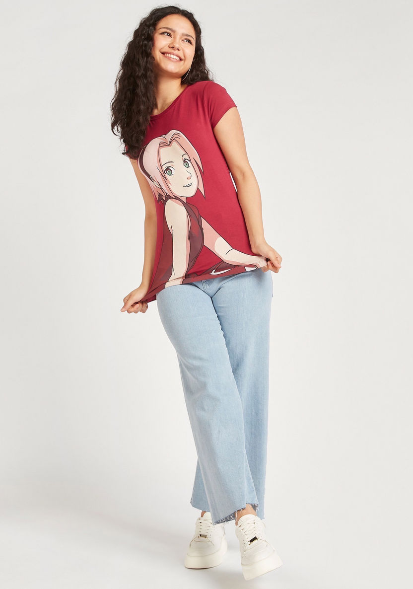 Sakura Haruno Print T-shirt with Cap Sleeves and Round Neck-T Shirts-image-1