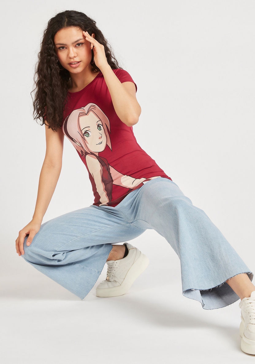 Sakura Haruno Print T-shirt with Cap Sleeves and Round Neck-T Shirts-image-3