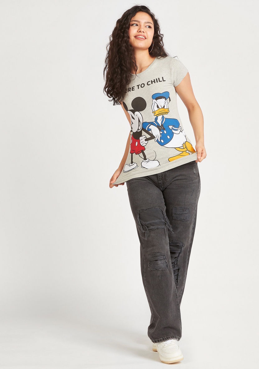 Mickey Mouse and Donald Duck Print T-shirt with Cap Sleeves and Round Neck-T Shirts-image-3