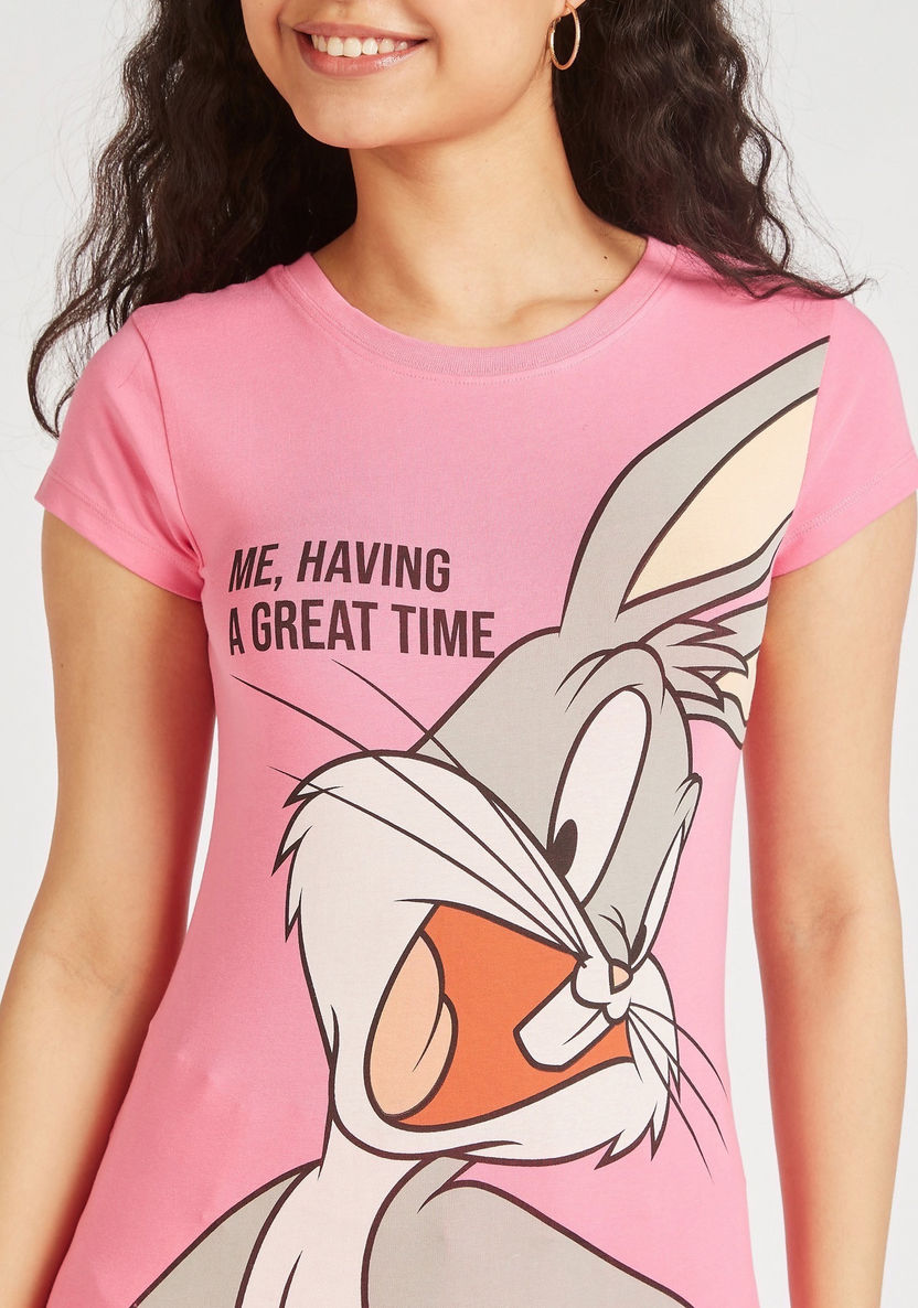 Bugs Bunny Print Round Neck T-shirt with Short Sleeves-T Shirts-image-2