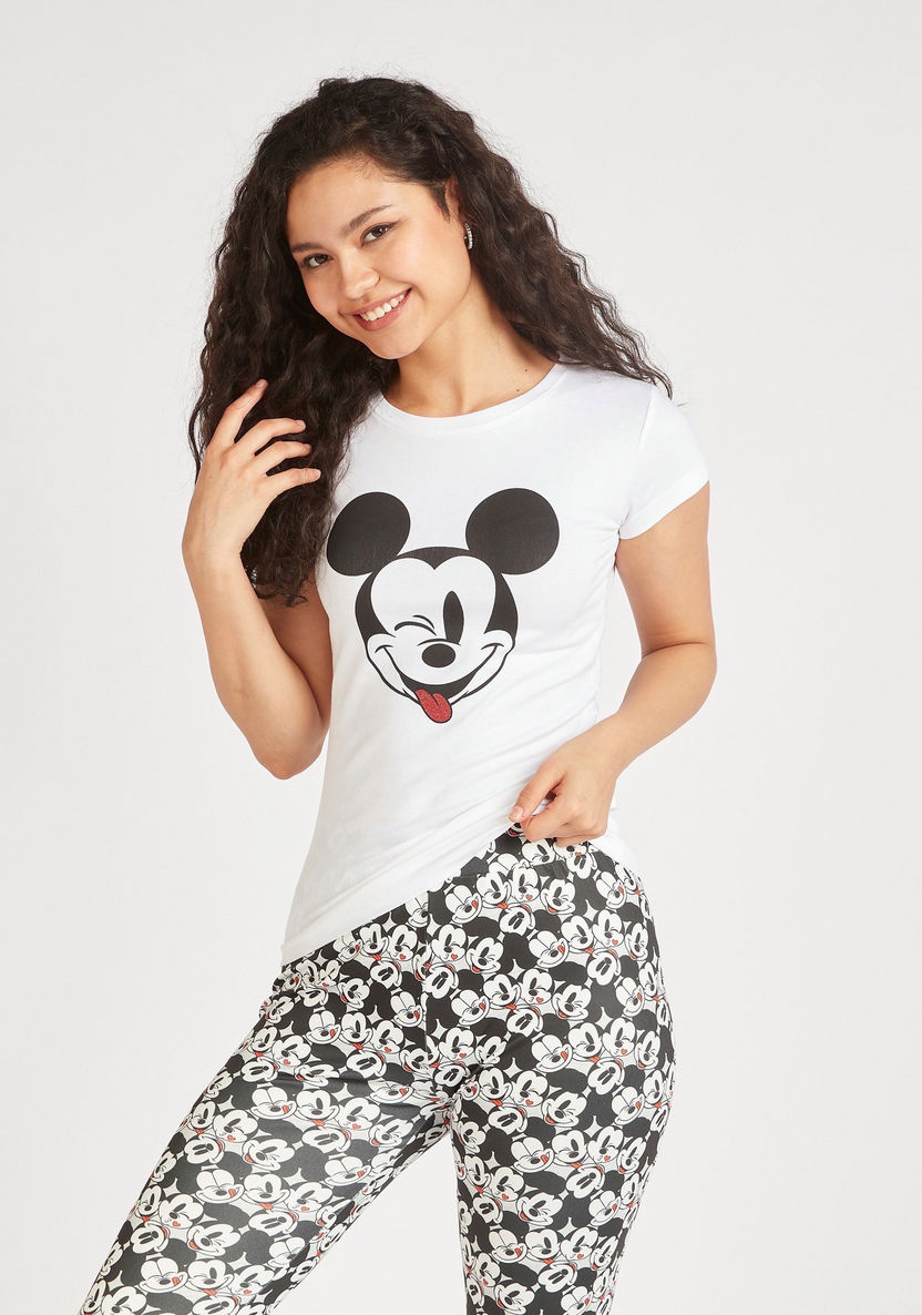 Mickey Mouse Print Crew Neck T-shirt with Cap Sleeves-T Shirts-image-0