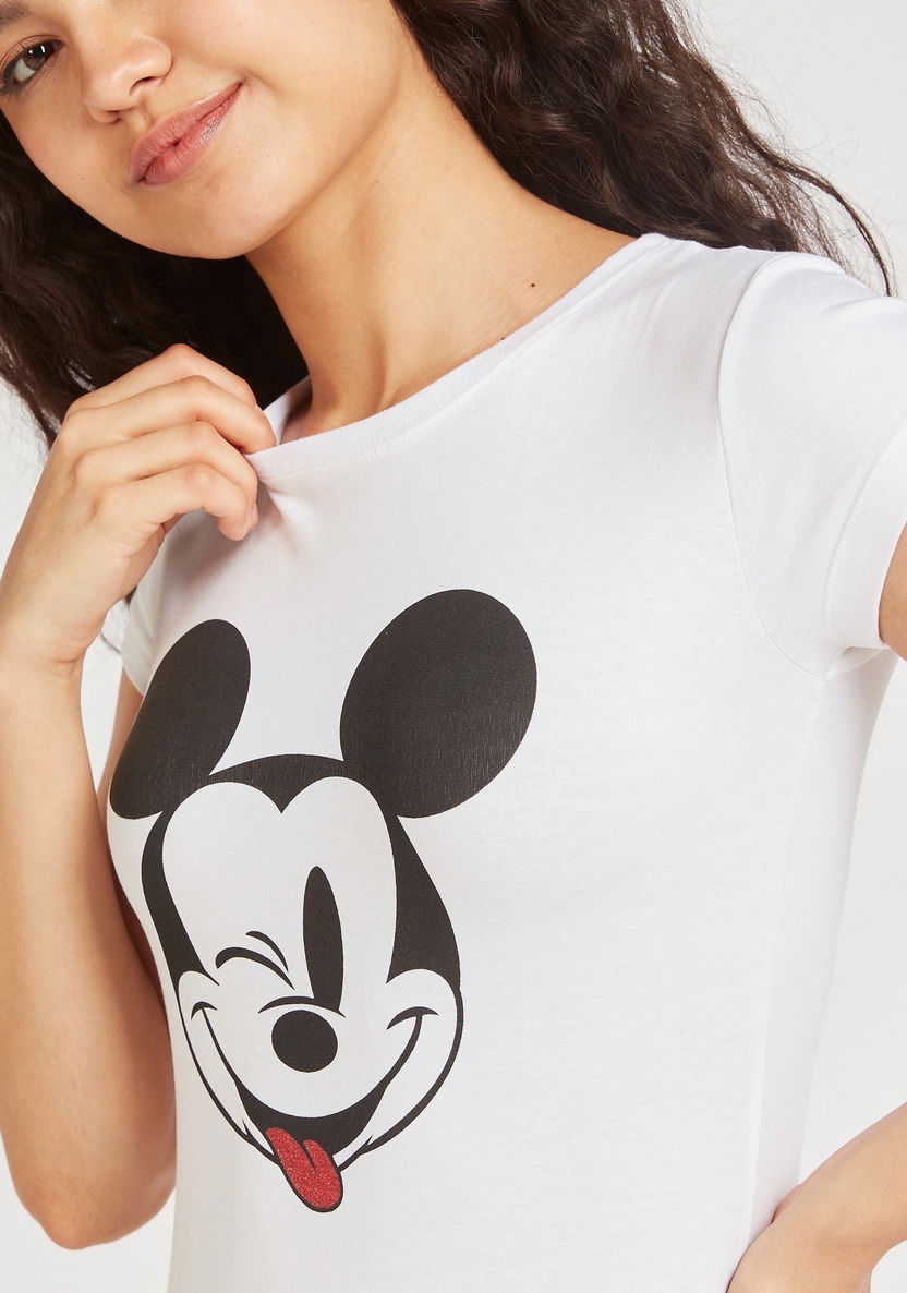 Mickey Mouse Print Crew Neck T-shirt with Cap Sleeves-T Shirts-image-2