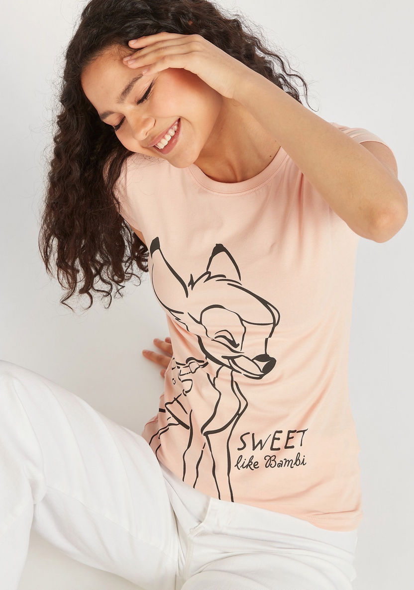 Bambi Print Crew Neck T-shirt with Cap Sleeves-T Shirts-image-0