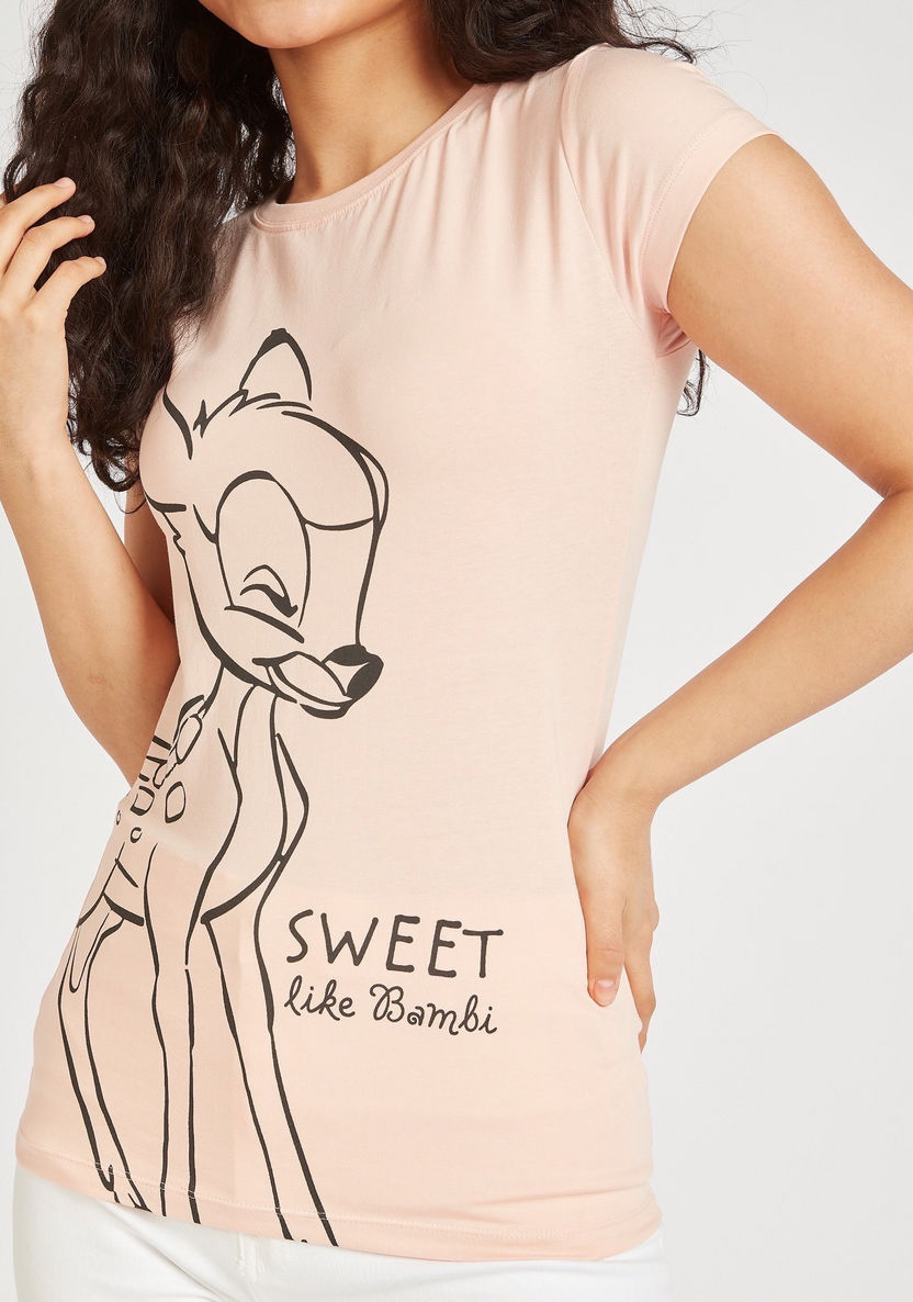 Bambi Print Crew Neck T-shirt with Cap Sleeves-T Shirts-image-2