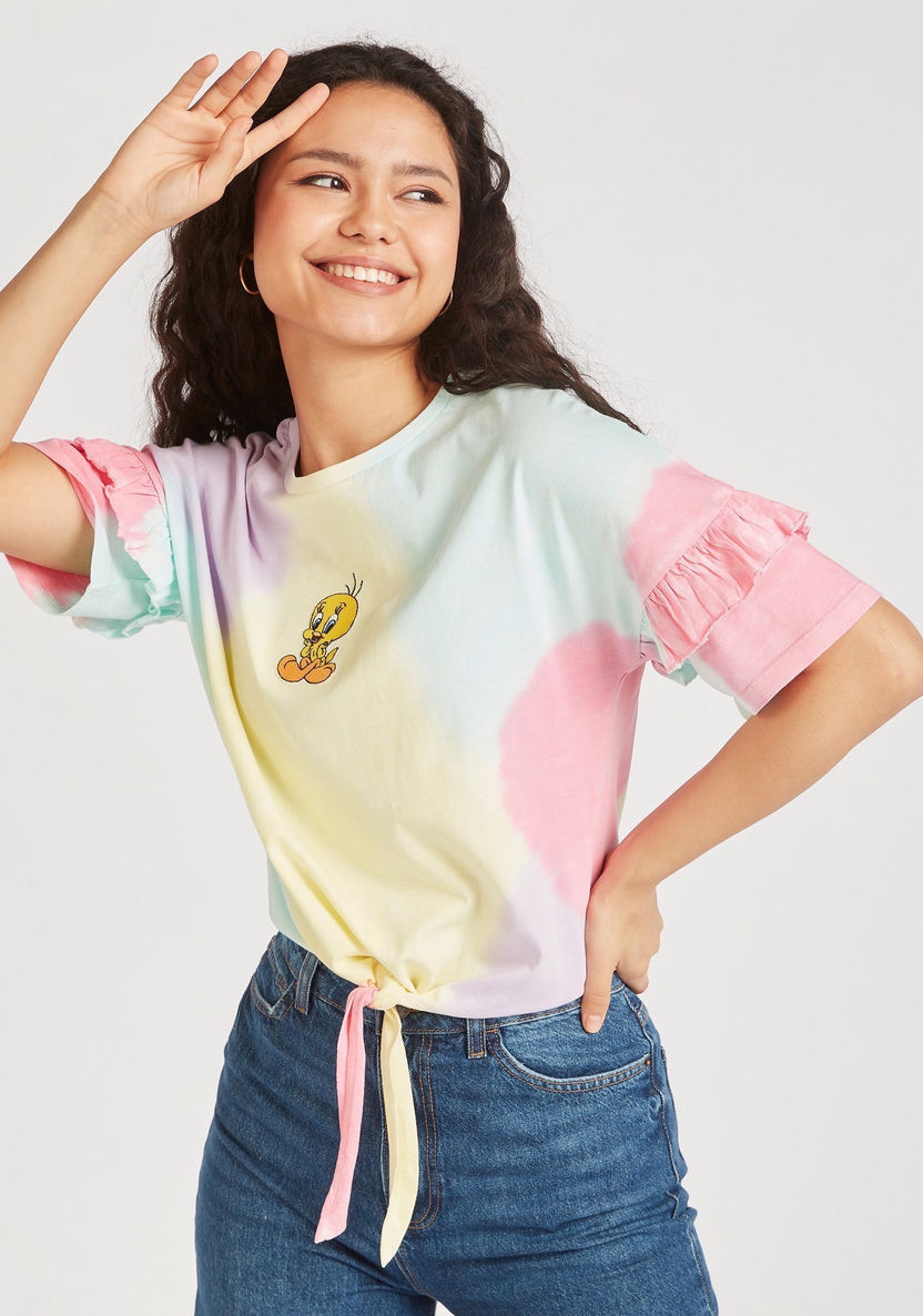 Tweety Print Ombre T-shirt with Tie-Ups and Ruffle Detail-T Shirts-image-0