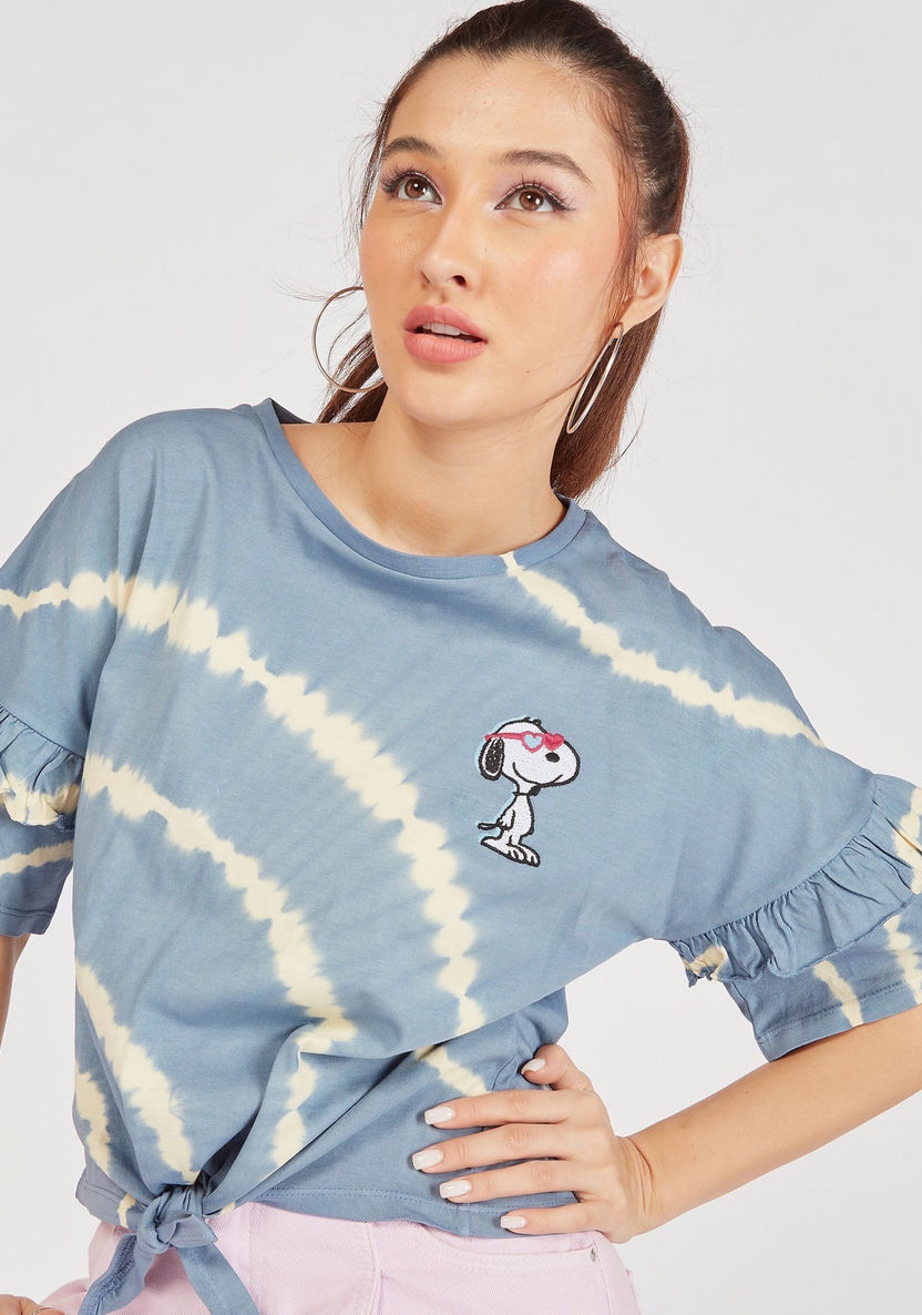 Snoopy Print Crew Neck Top with Tie-Ups and Ruffle Detail-T Shirts-image-0