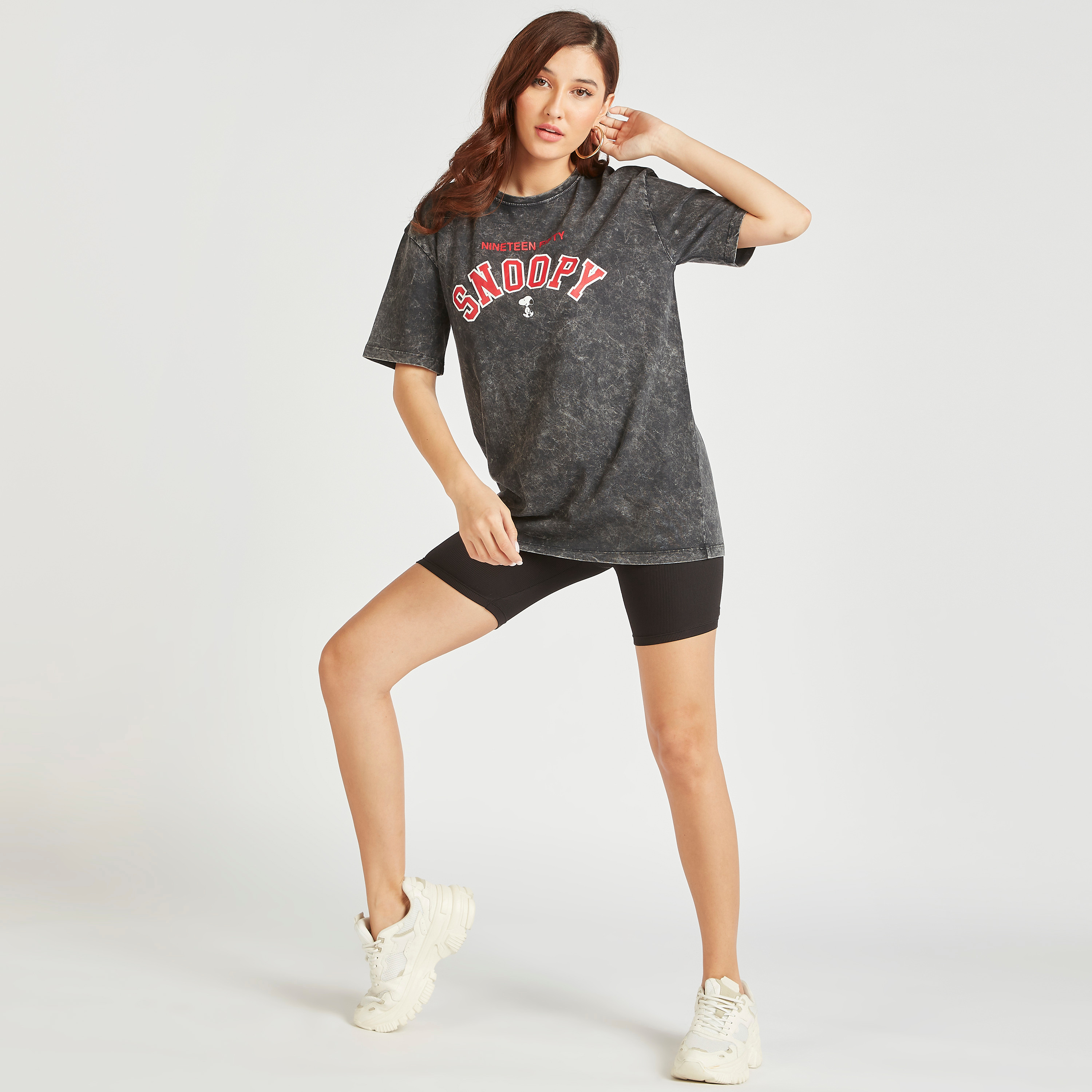 Snoopy Print T-shirt with Round Neck and Short Sleeves-women-clothing-tshirts-image-2