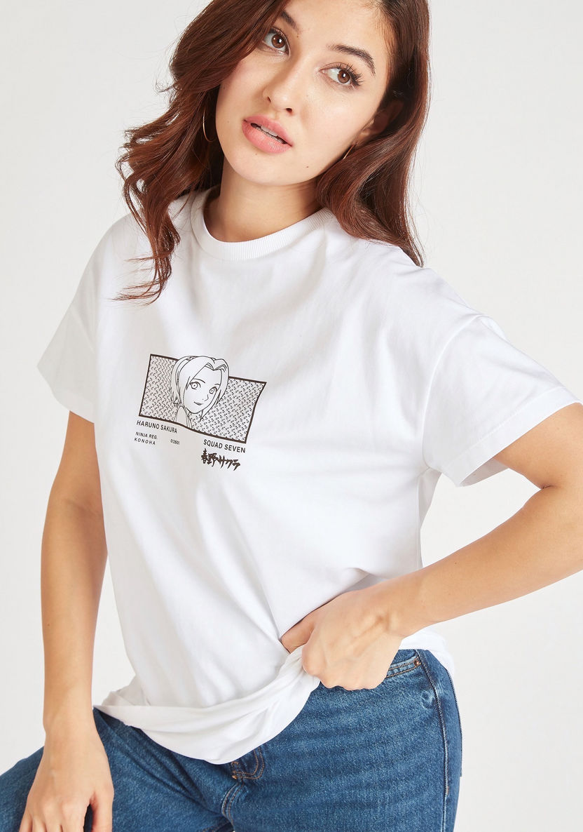 Haruno Sakura Print Crew Neck T-shirt with Short Sleeves-T Shirts-image-1