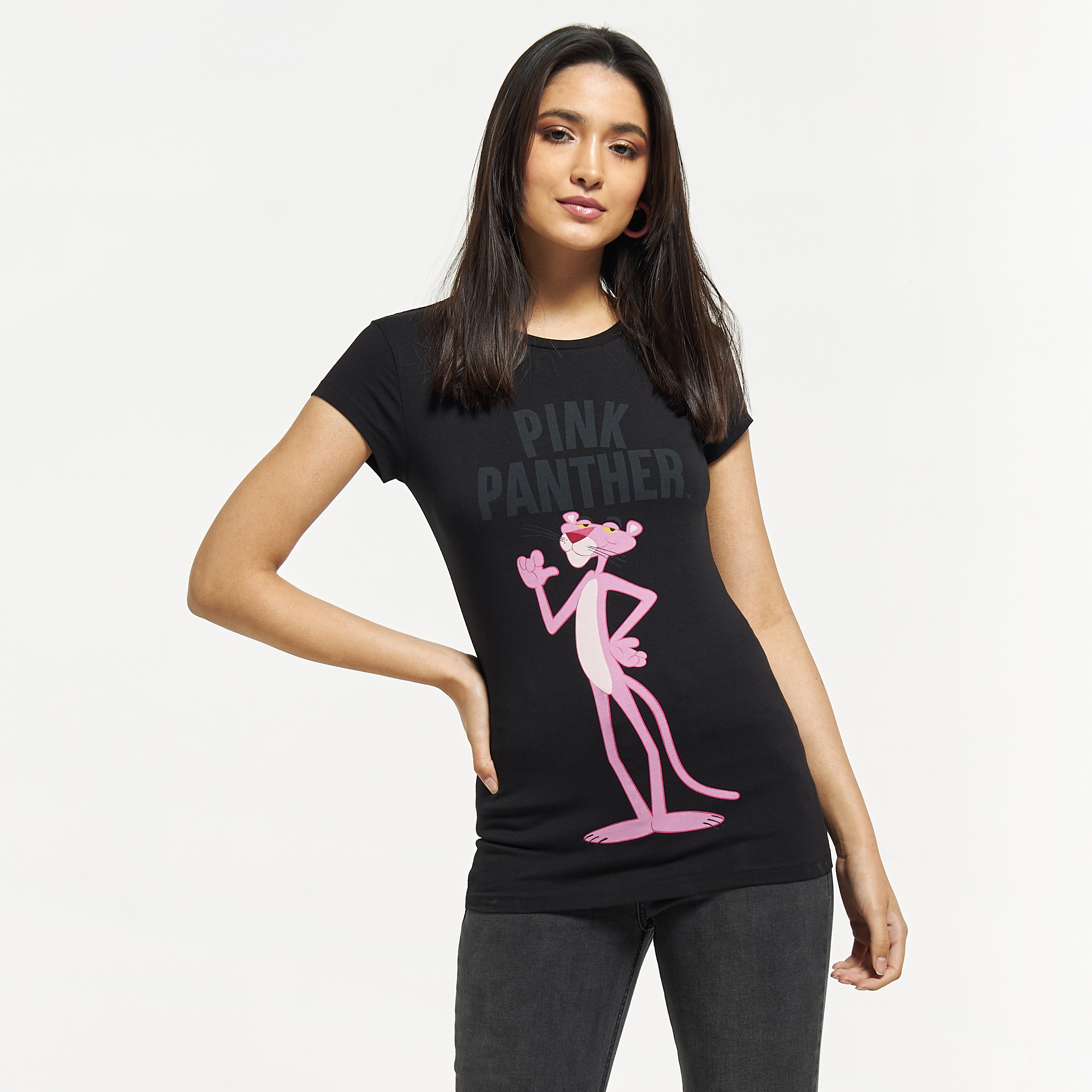 Pink Panther Print Round Neck T-shirt with Cap Sleeves-women-clothing-tshirts-image-1