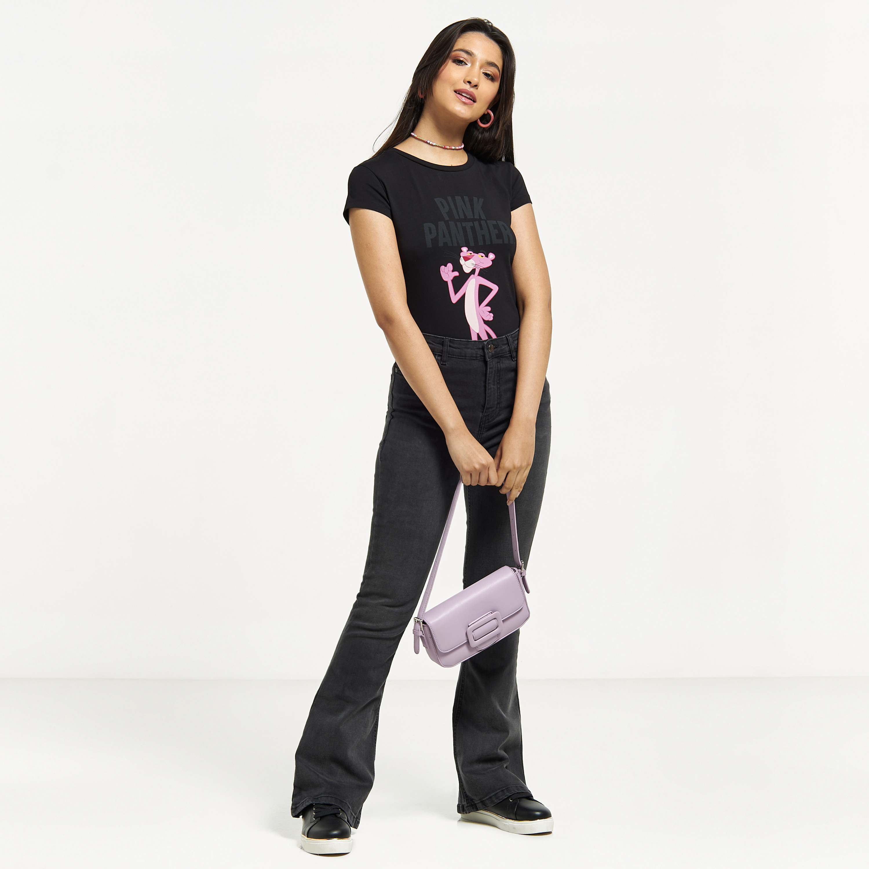 Pink Panther Print Round Neck T-shirt with Cap Sleeves-women-clothing-tshirts-image-2