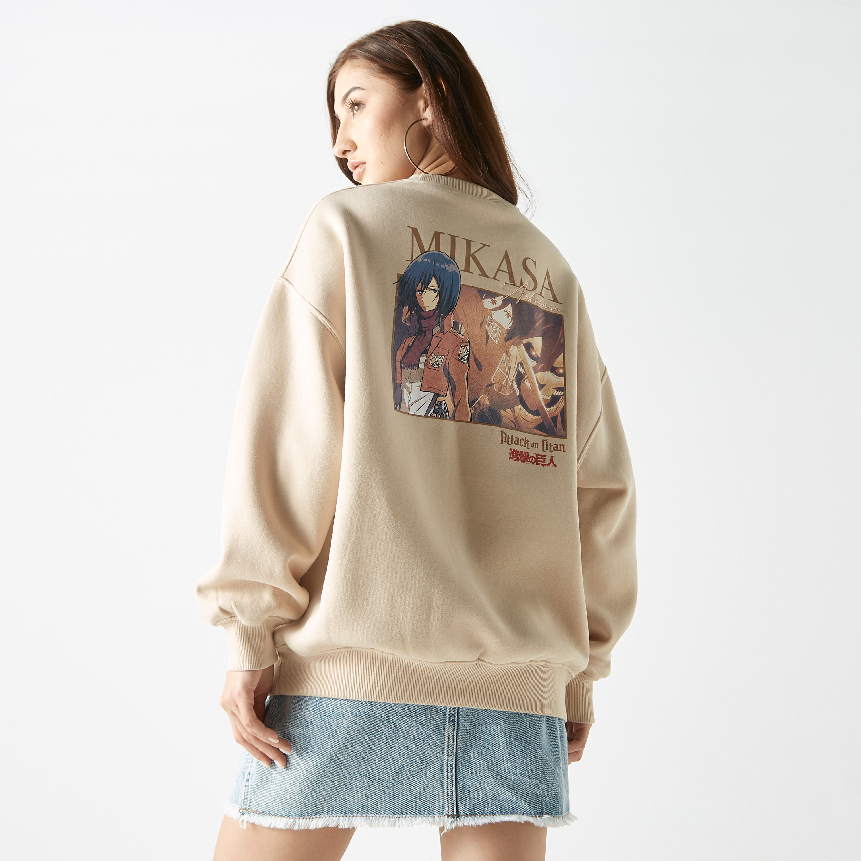 Buy Mikasa Print Oversized Sweatshirt with Crew Neck and Drop 