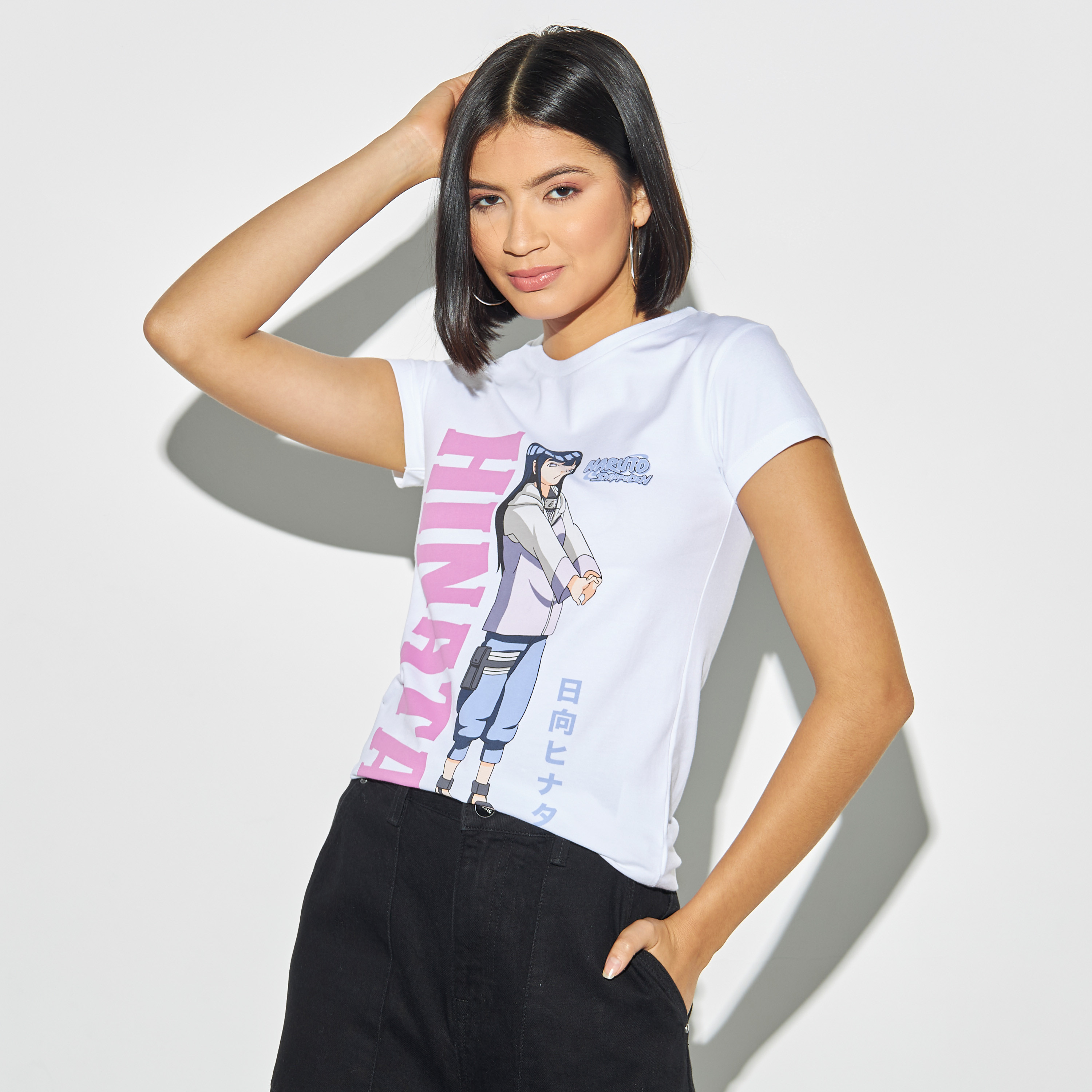 Naruto Hinata Print Crew Neck T-shirt with Short Sleeves-women-clothing-tshirts-image-1