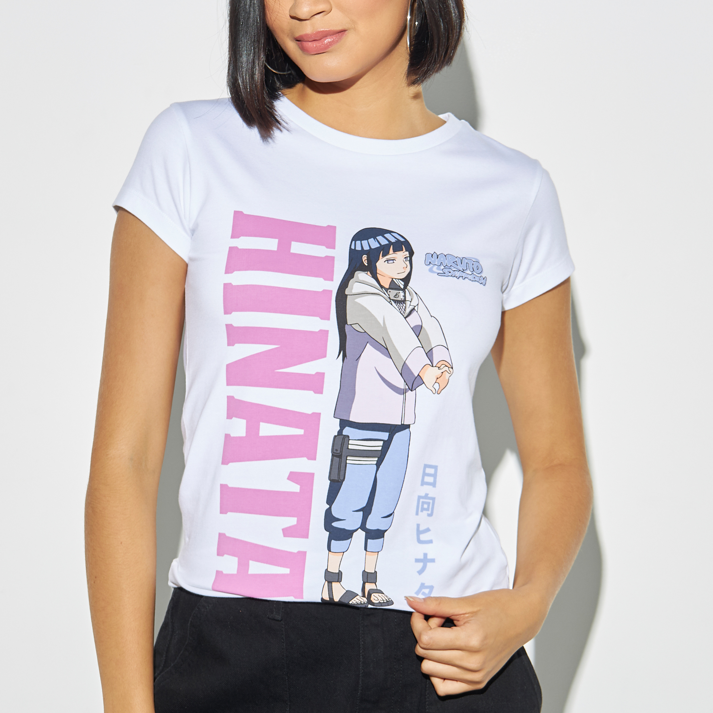 Buy Naruto Hinata Print Crew Neck T-shirt with Short Sleeves 