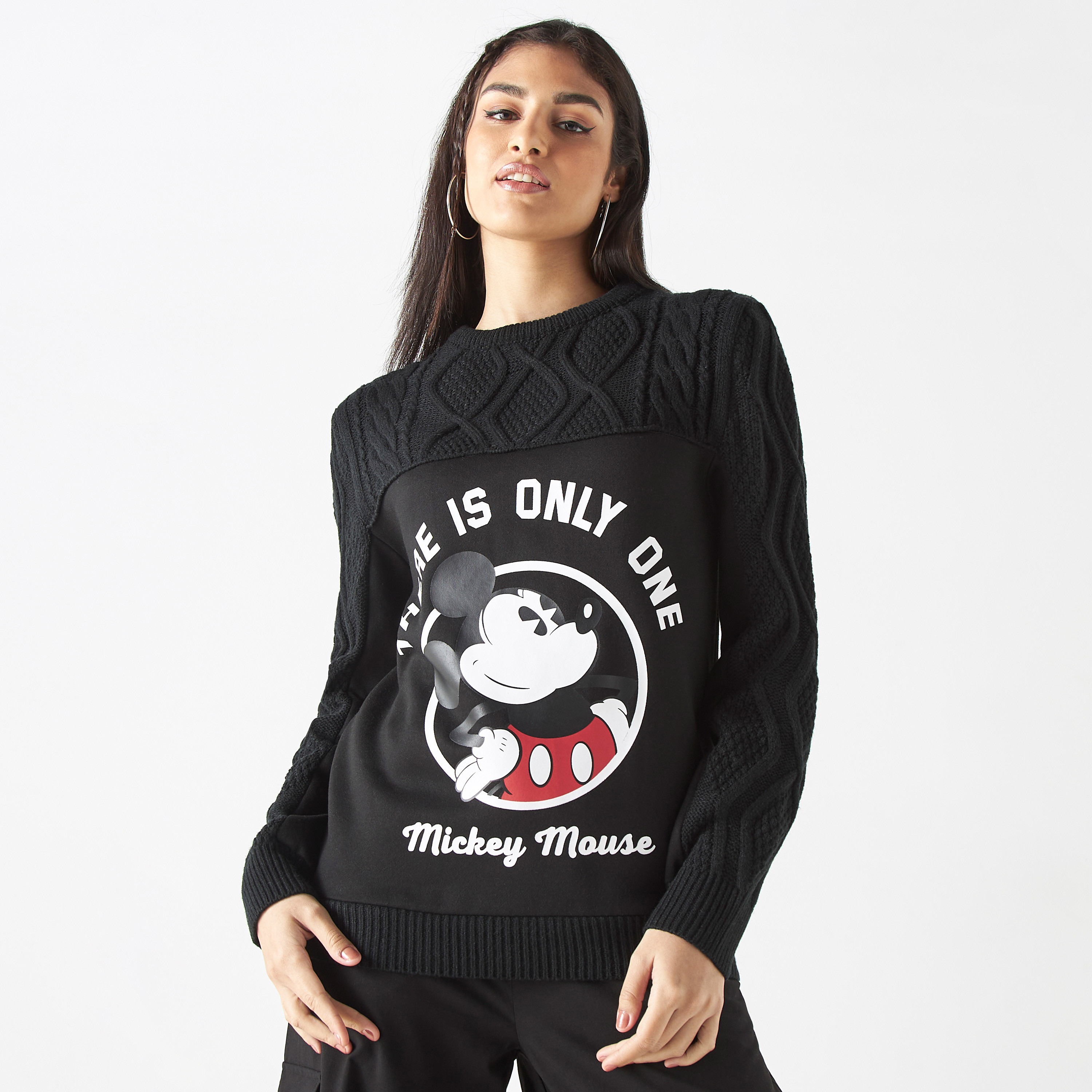 Shop Mickey Mouse Print Sweater with Long Sleeves Online Splash Bahrain