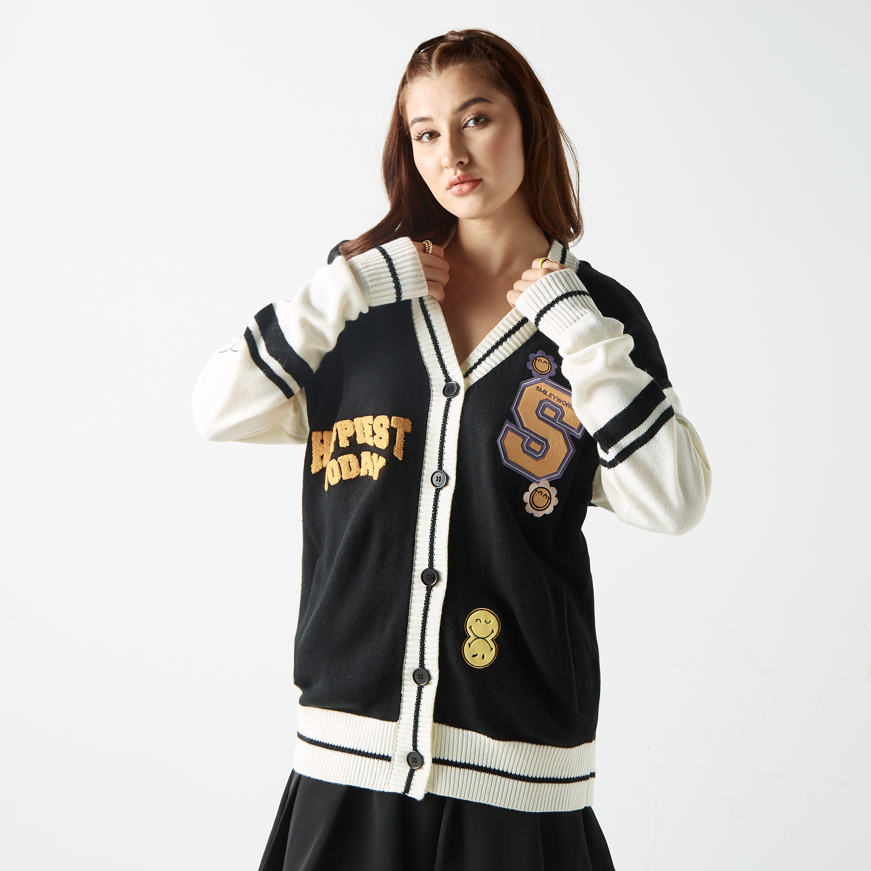 Smiley World Applique Detail Varsity Oversize Cardigan