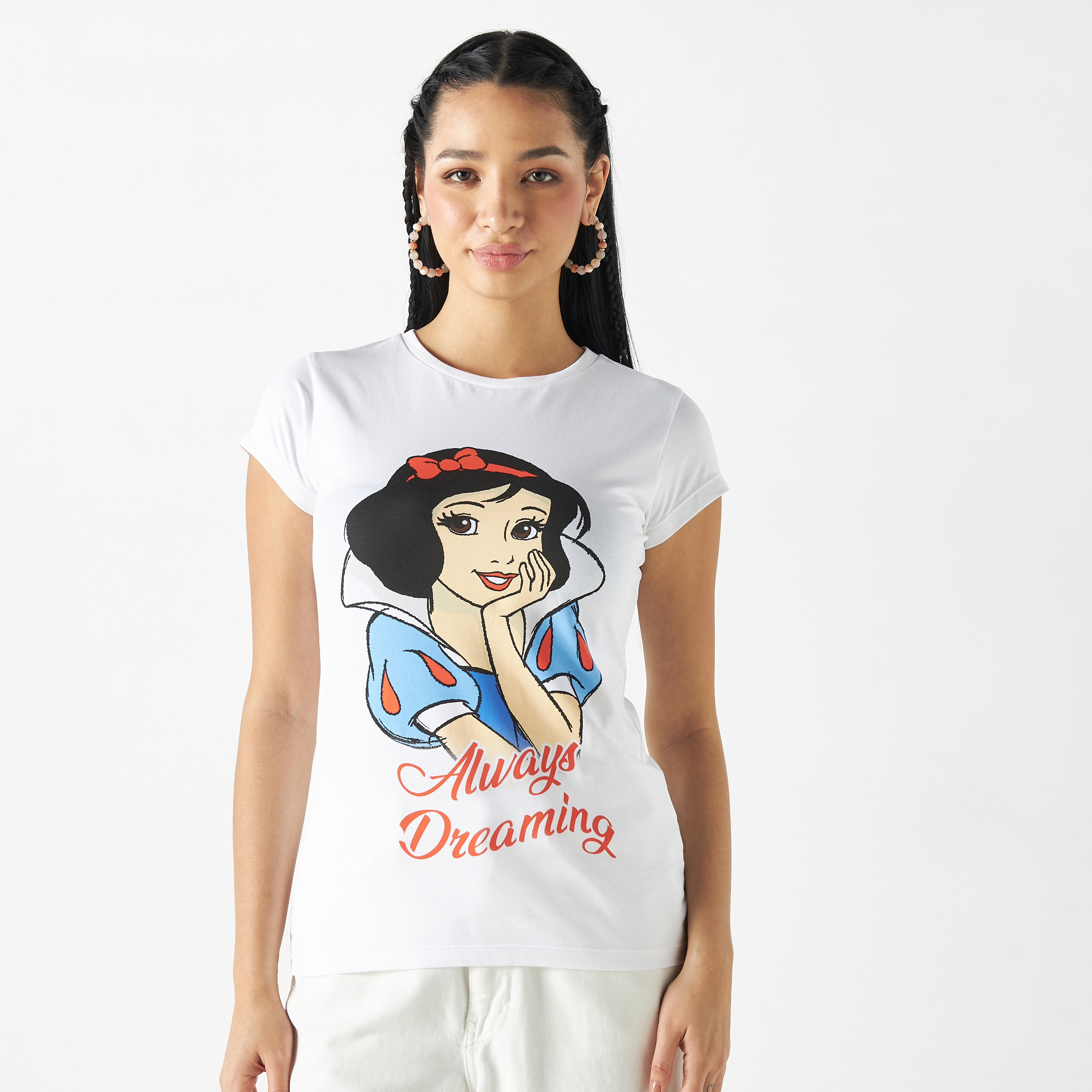 Shop Snow White Print T-shirt with Crew Neck and Cap Sleeves