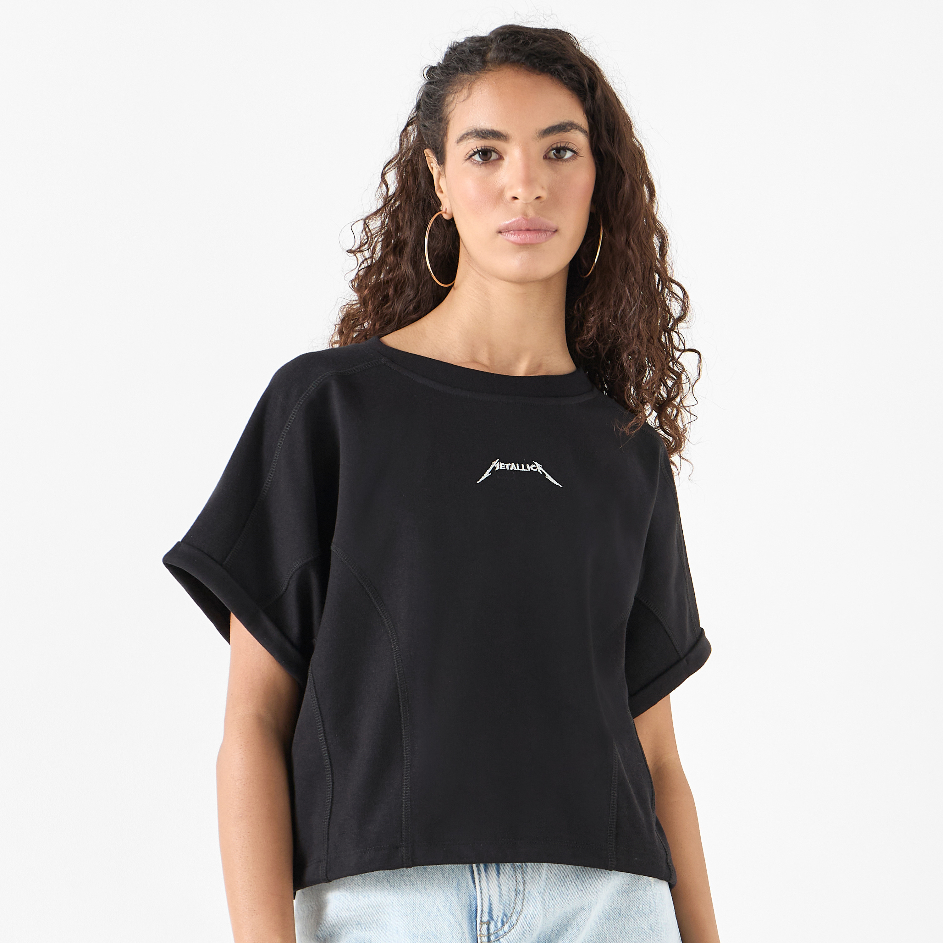 Metallica Detail Crew Neck T-shirt with Short Sleeves-women-clothing-tshirts-image-1
