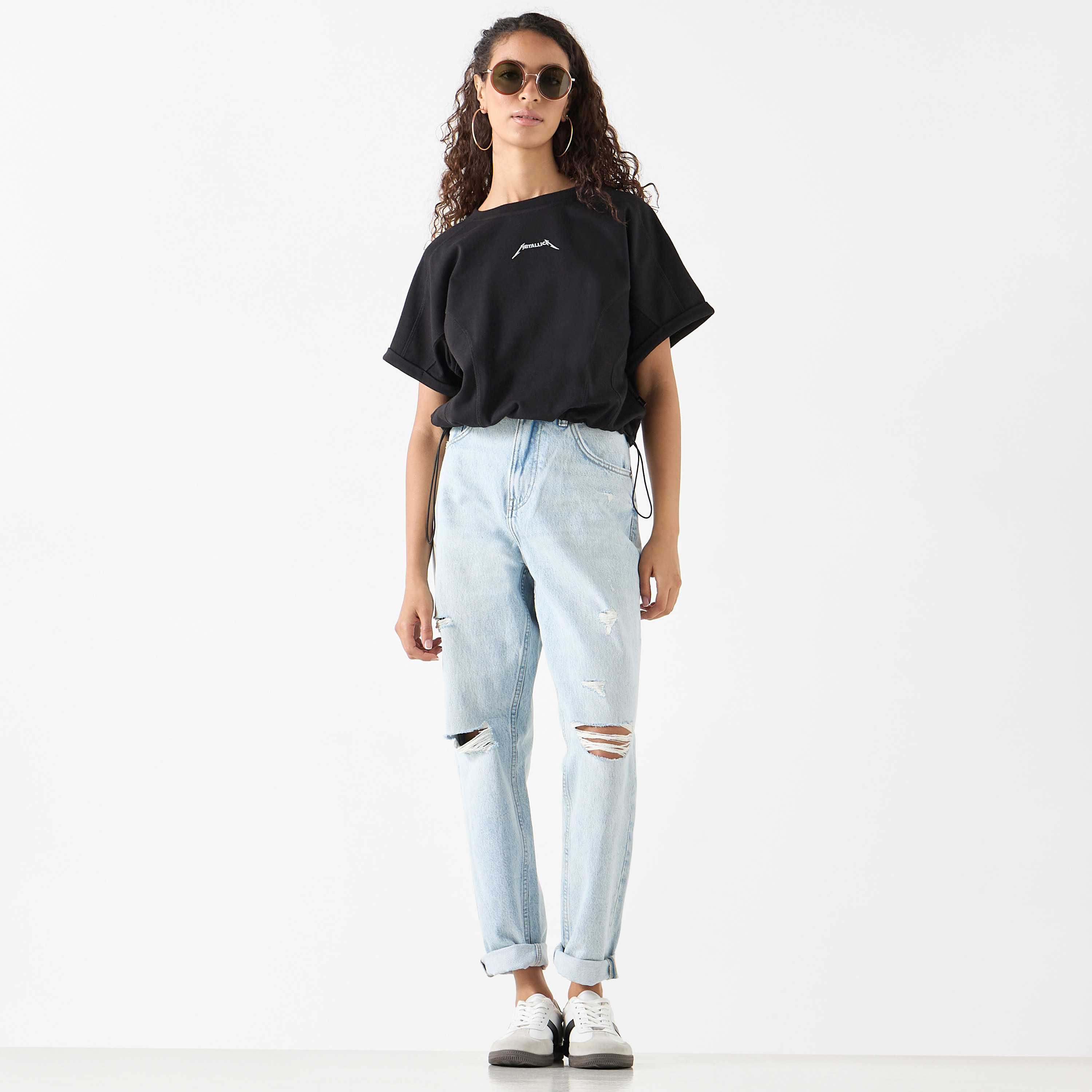 Metallica Detail Crew Neck T-shirt with Short Sleeves-women-clothing-tshirts-image-2