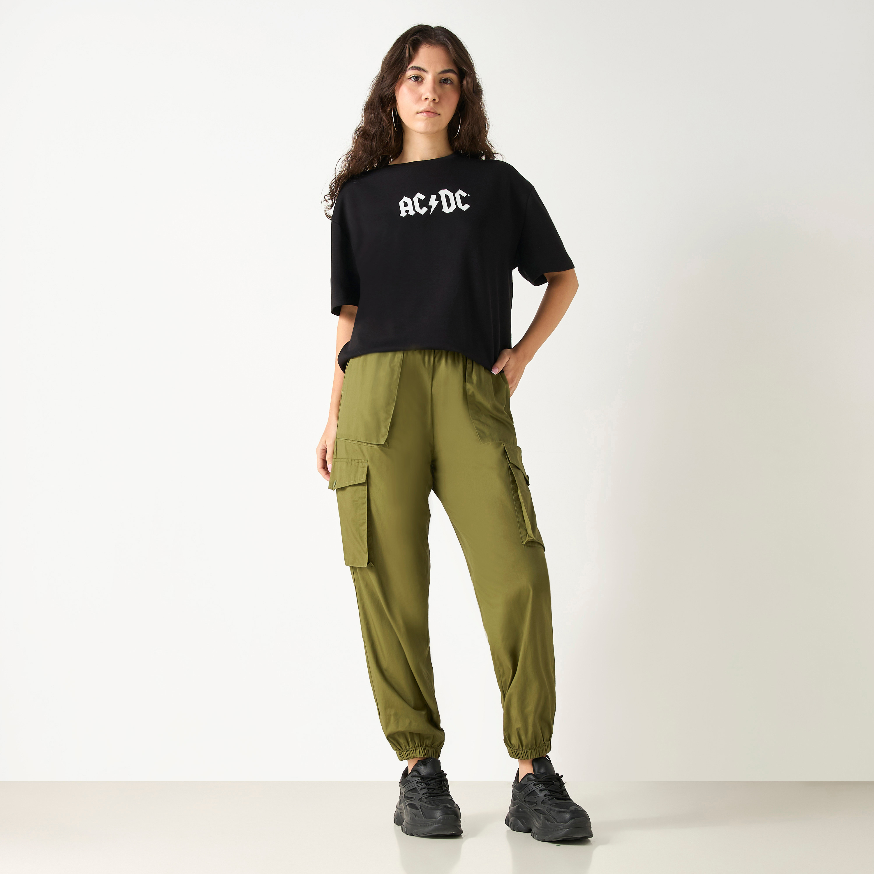 AC/DC Print Crew Neck T-shirt with Short Sleeves-women-clothing-tshirts-image-2