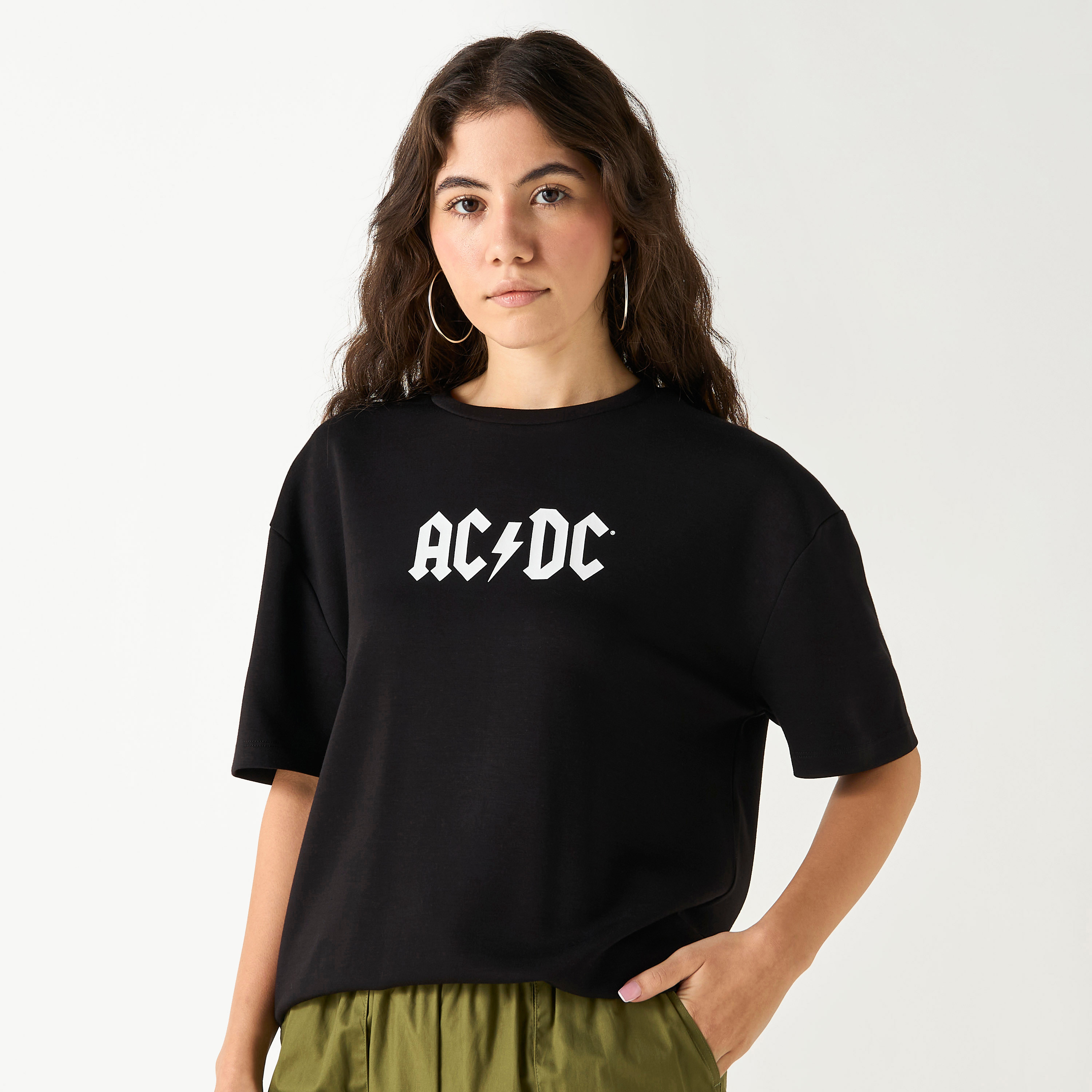 AC/DC Print Crew Neck T-shirt with Short Sleeves-women-clothing-tshirts-image-3