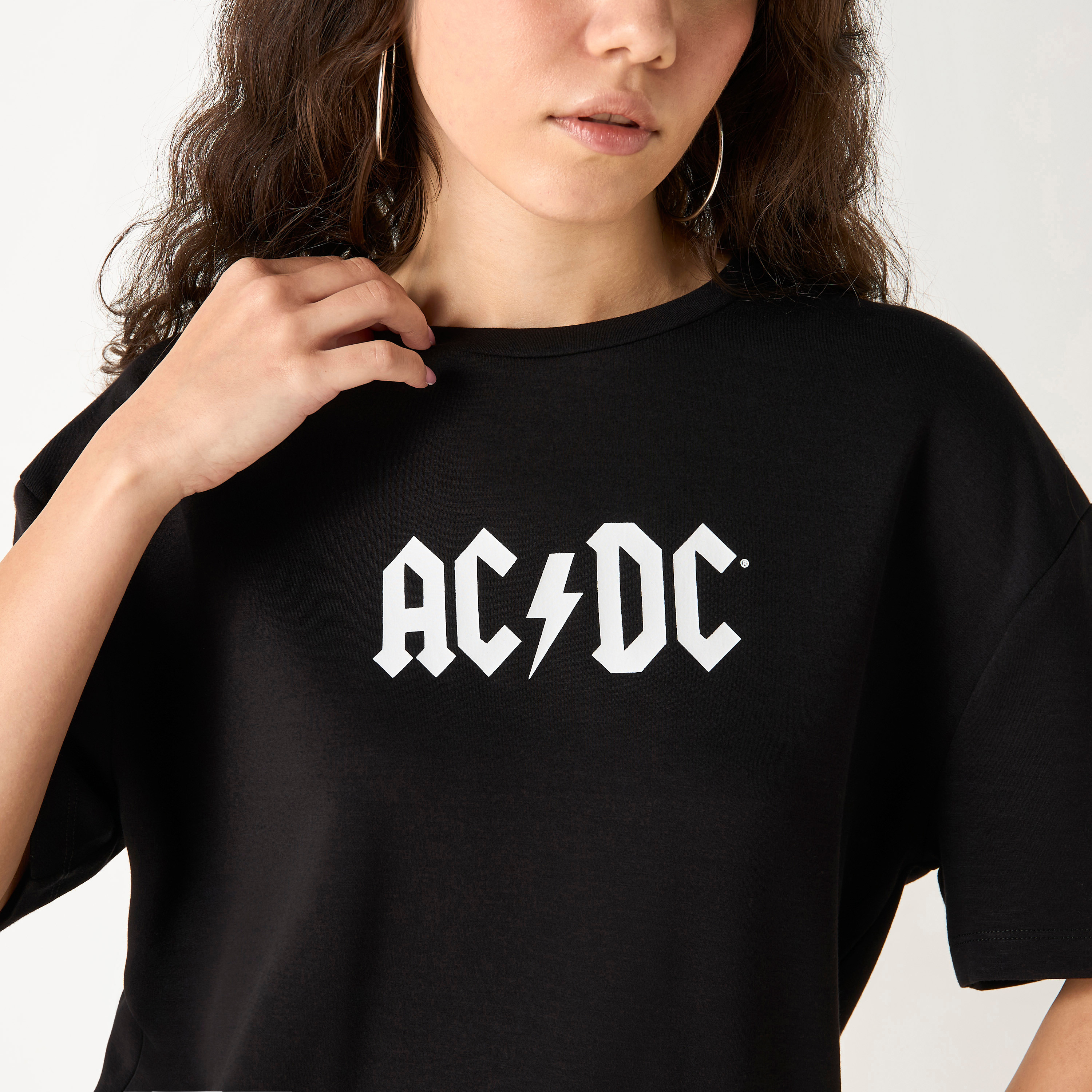 AC/DC Print Crew Neck T-shirt with Short Sleeves-women-clothing-tshirts-image-5