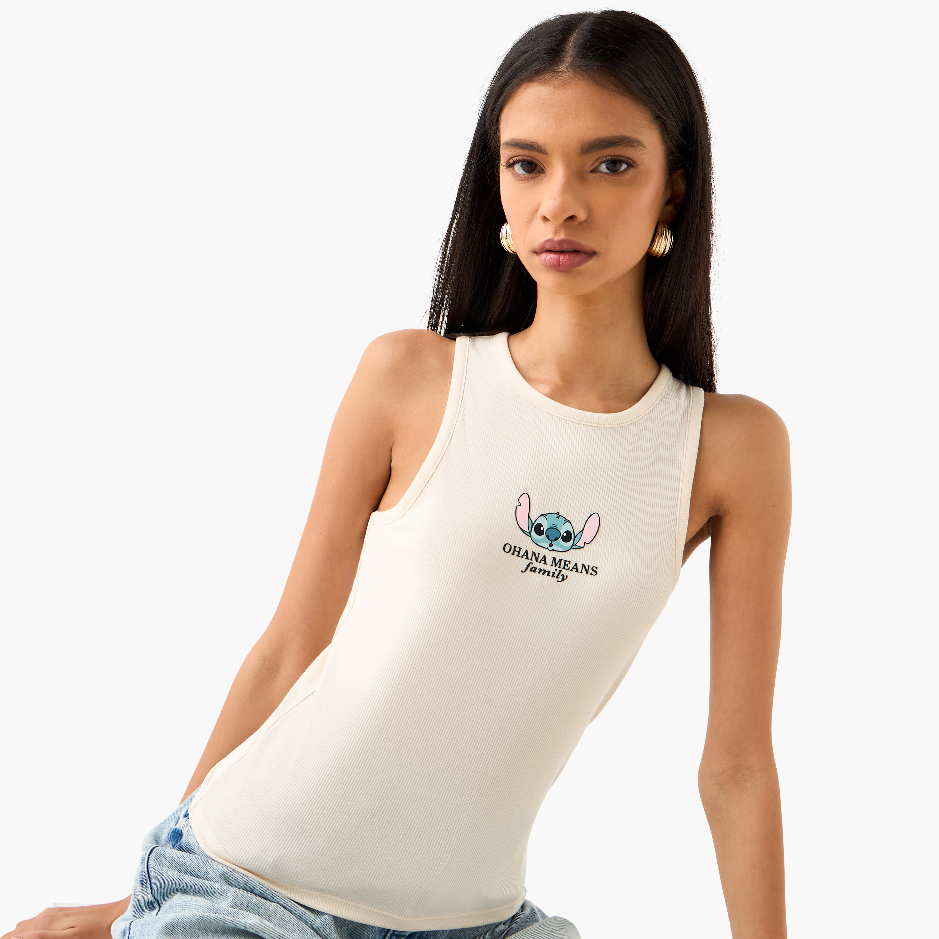 Shop Stitch Print Ribbed Tank Top Online | Splash UAE