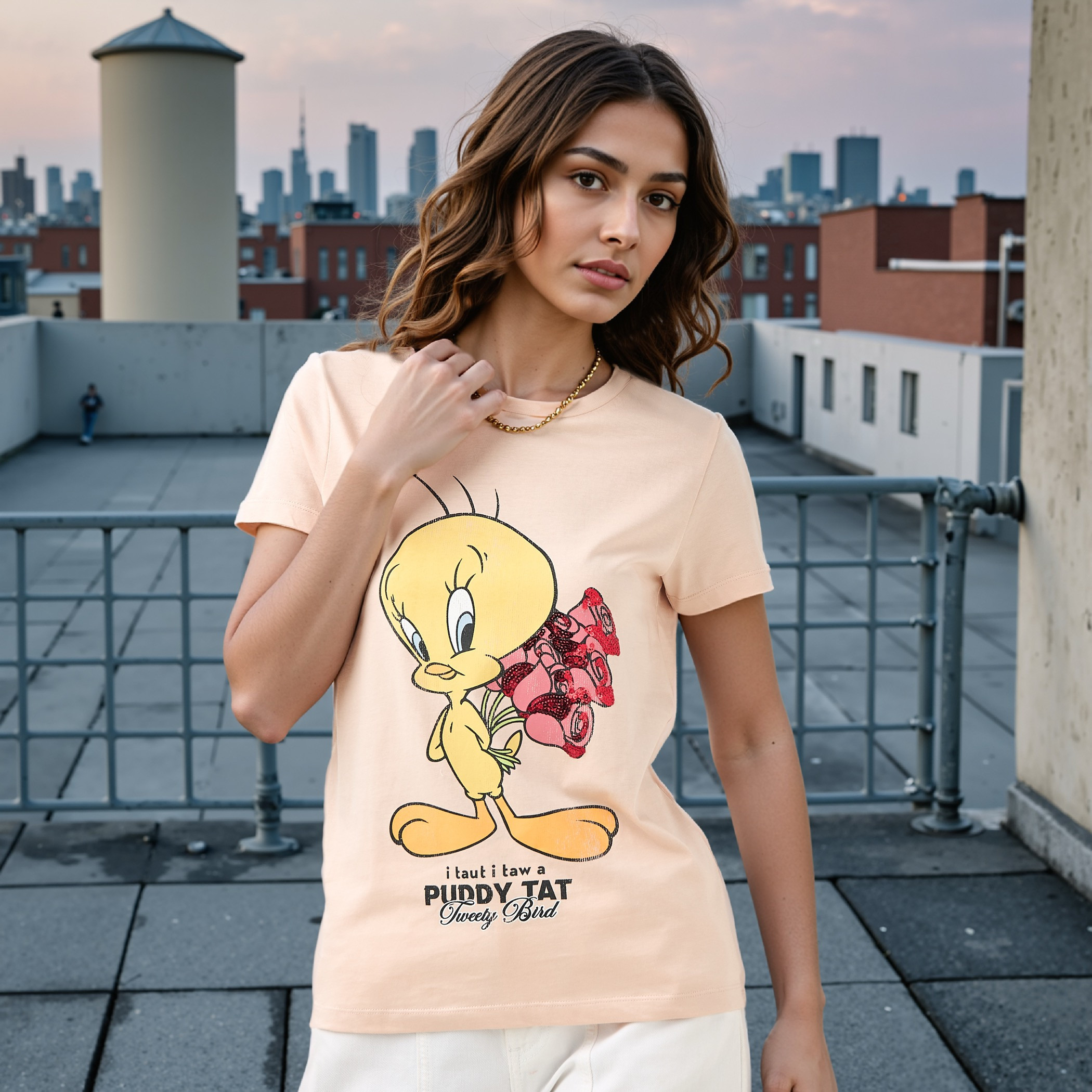Tweety Print T-shirt with Crew Neck-women-clothing-tshirts-image-1