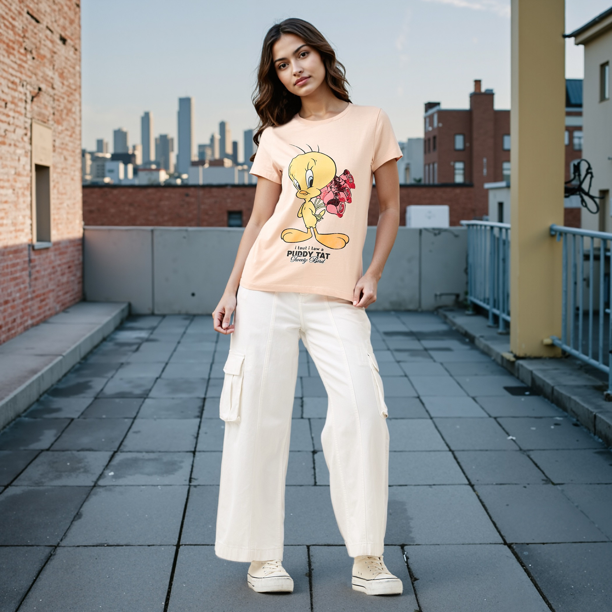 Tweety Print T-shirt with Crew Neck-women-clothing-tshirts-image-2