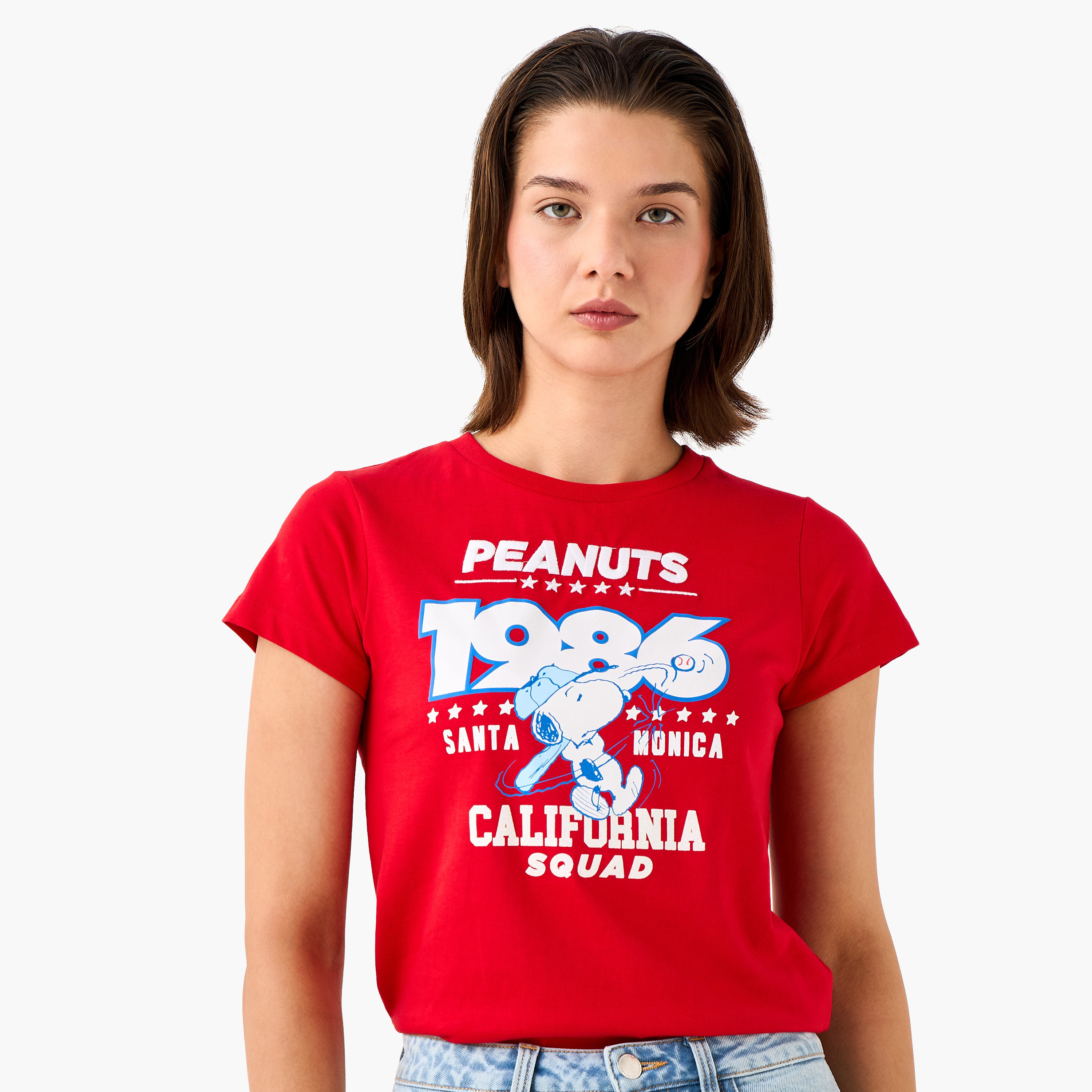 Peanuts Snoopy Print Crew Neck T-shirt with Short Sleeves-women-clothing-tshirts-image-1