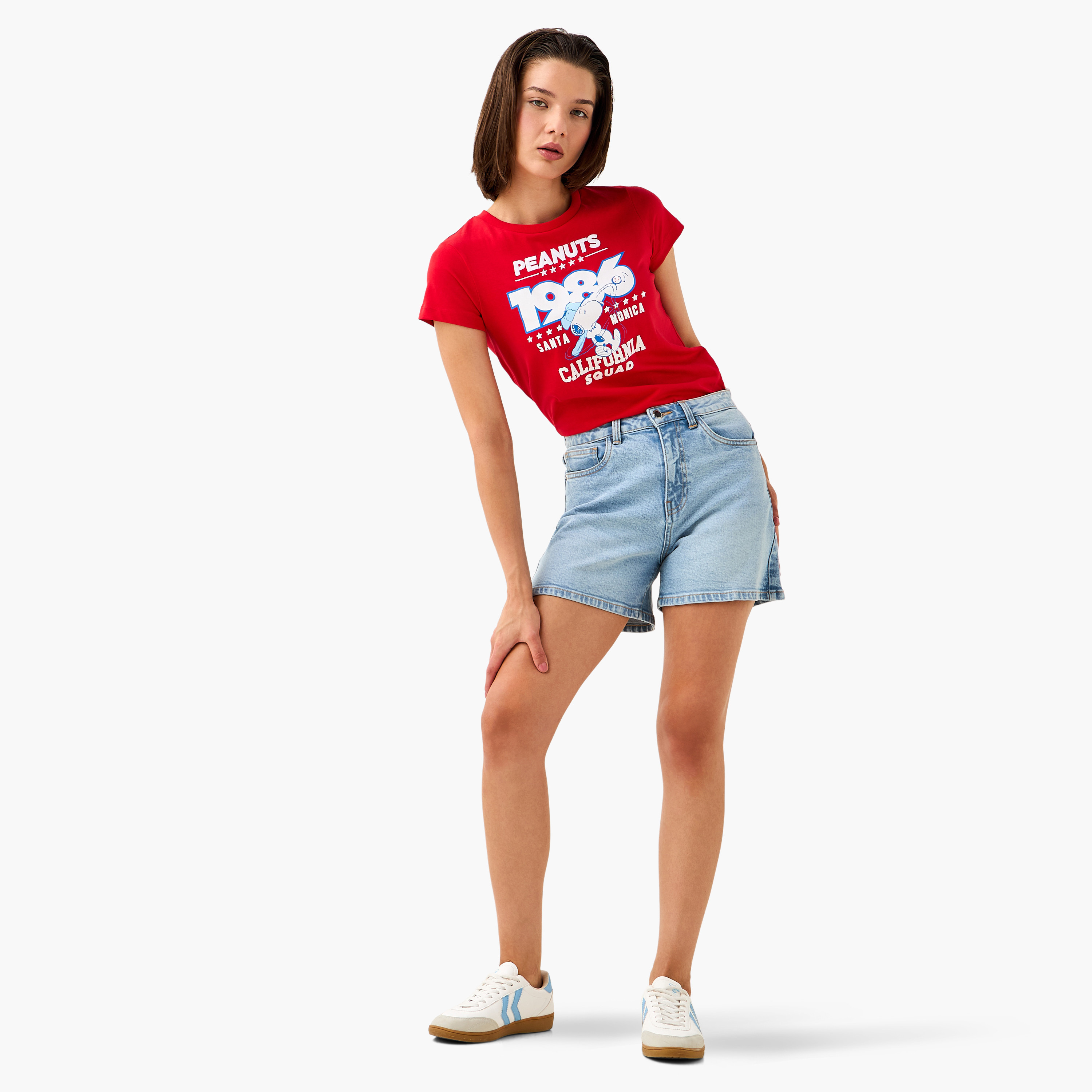 Peanuts Snoopy Print Crew Neck T-shirt with Short Sleeves-women-clothing-tshirts-image-2