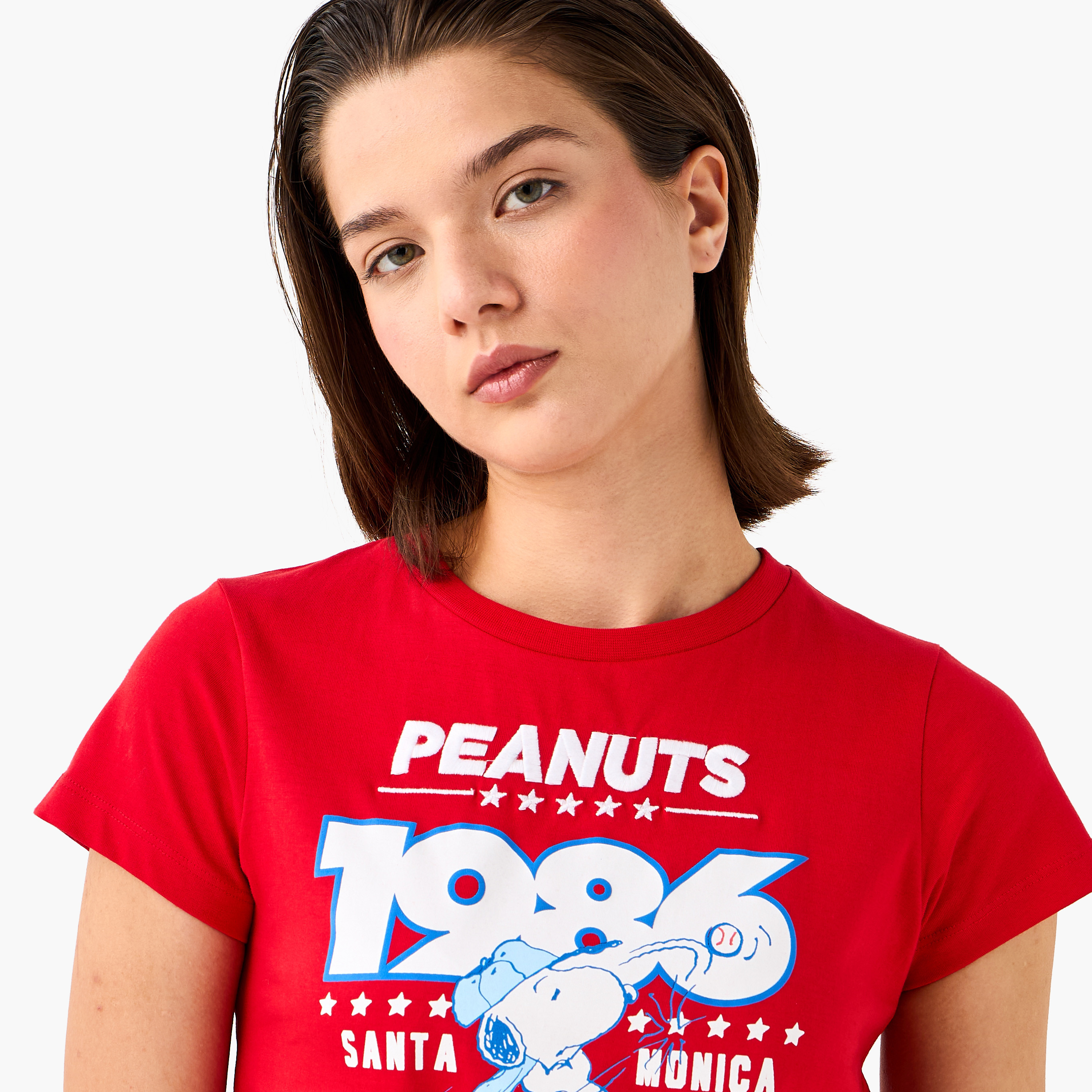 Peanuts Snoopy Print Crew Neck T-shirt with Short Sleeves-women-clothing-tshirts-image-4