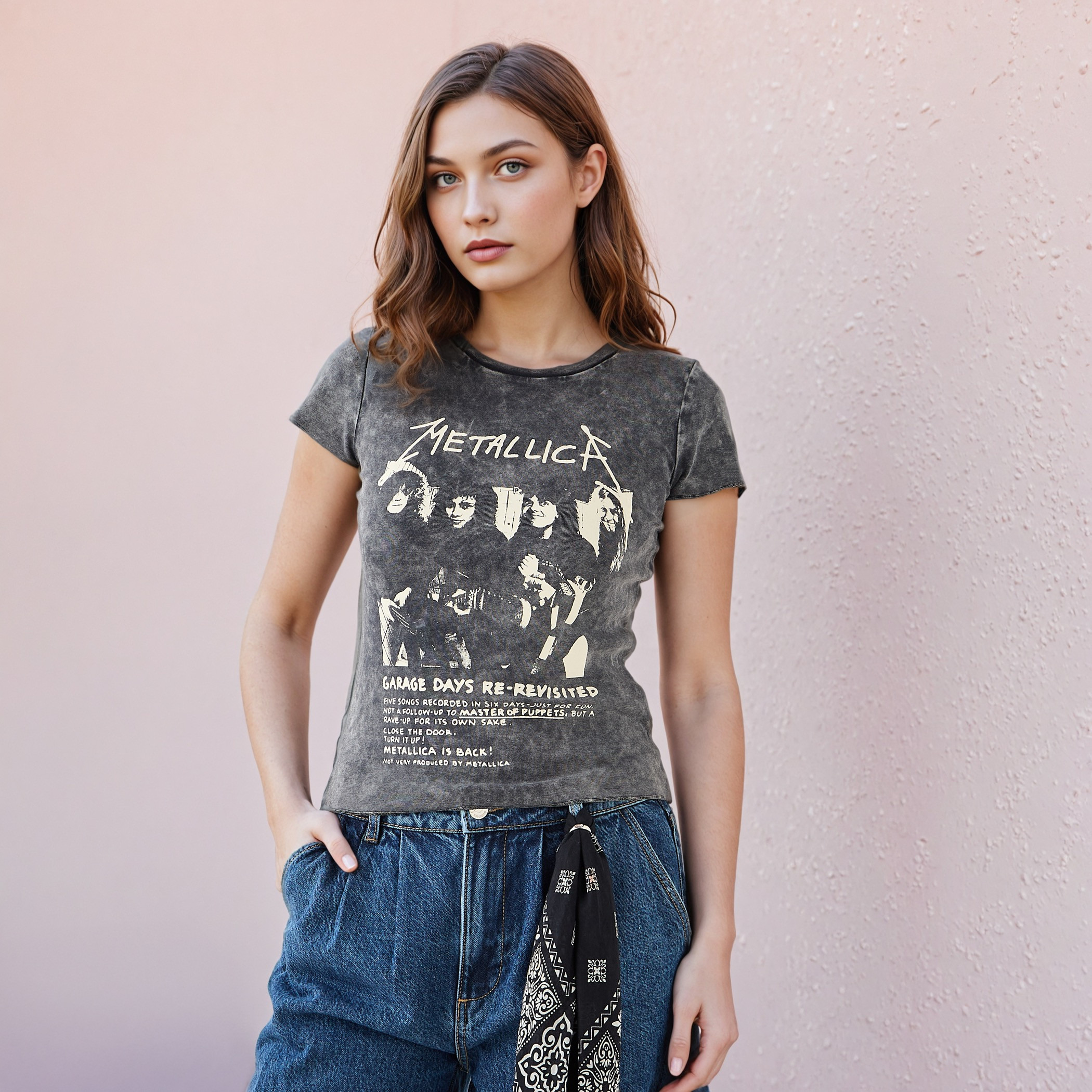 Metallica Acid Wash Print T-shirt with Round Neck-women-clothing-tshirts-image-1