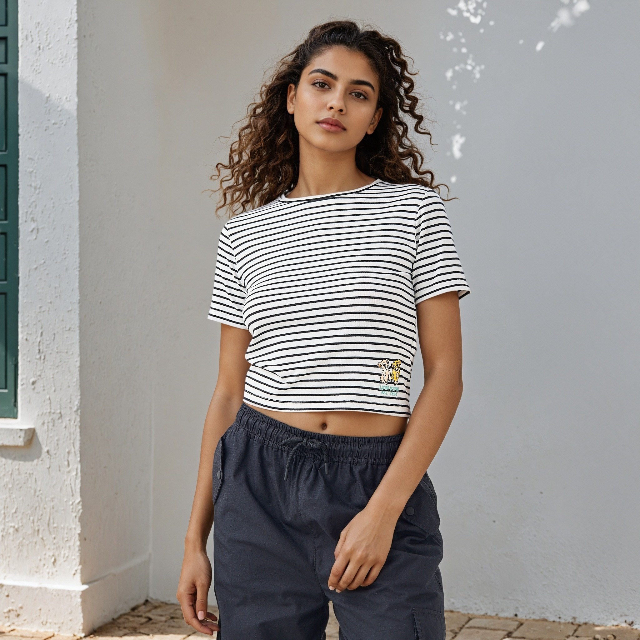 Lion King Embroidered Striped Crop T-shirt-women-clothing-tshirts-image-1