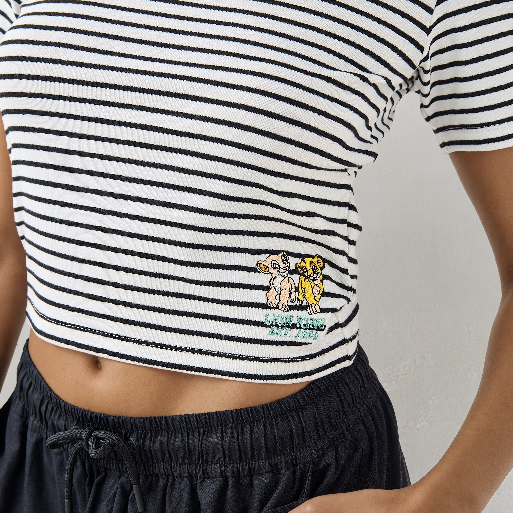 Lion King Embroidered Striped Crop T-shirt-women-clothing-tshirts-image-4